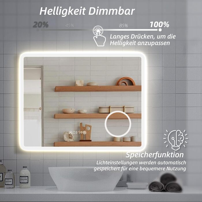 Дзеркало для ванної кімнати HySail з підсвічуванням, 5 мм, висока роздільна здатність, срібне покриття, 3 колірні температури, регульована яскравість, антизапар, сенсорне керування, прямокутне (3 кольори + регулювання + дзеркало для макіяжу + годинник, 80