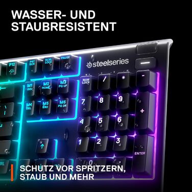 Клавіатура SteelSeries Apex 3 для ігор з RGB-підсвічуванням 10 зон, тихі ігрові клавіші, преміум підставка для зап'ястя, захист IP32, QWERTZ розкладка