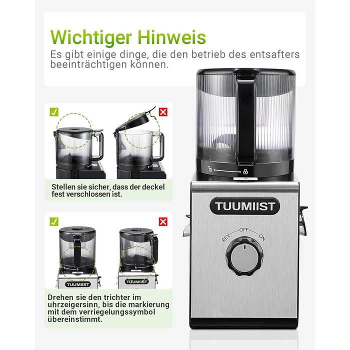 TUUMIIST Шнековий соковитискач XXL, 150 мм, 3 л, для сім'ї, 99% вижимка, BPA-free, REV Anti-Blockier System, чорний