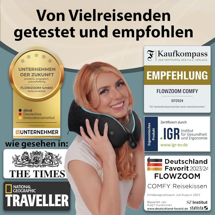 Подушка для шиї FlowZoom Comfy: регульована, з memory foam, для авто та літака - 360° підтримка, дихаючий чохол, чорна