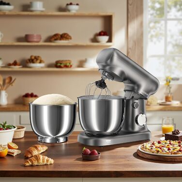 Кухонна машина-міксер з двома чашами 2.5L+3L, 10 швидкостей, 1500W, з гаком для тіста та насадкою для збивання, для випічки та щоденного приготування їжі (сріблясто-сірий)