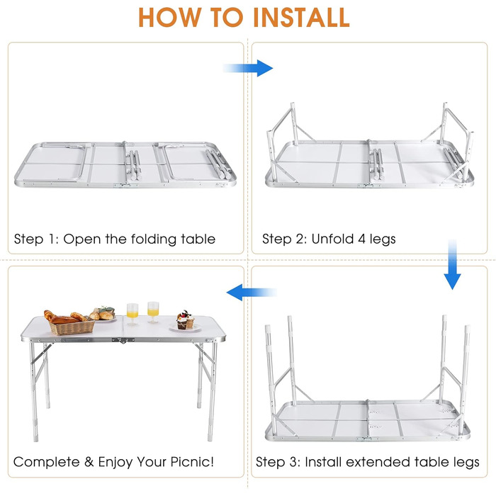 Стіл кемпінговий KOMFOTTEU складний з алюмінію, розкладний стіл регулюється по висоті, набір з 2-х комбінованих садових столів, універсальний стіл 120 х 60 х 33/55/66 см для саду, тераси, балкона