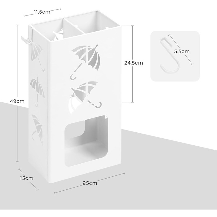 Підставка для парасоль під WOLTU, 2 слоти, з 4 гачками, металева, біла, 25x49x15 см
