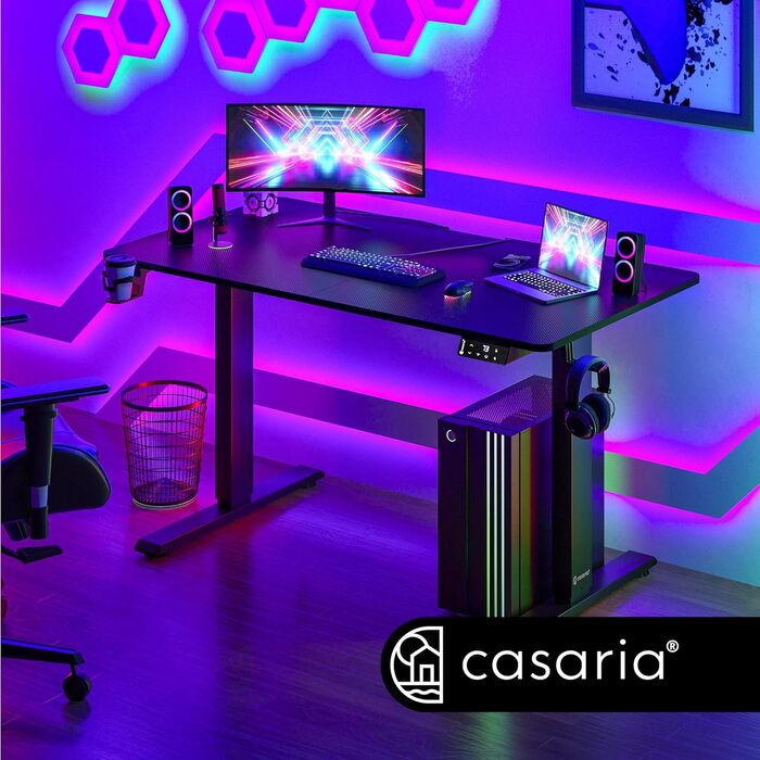 Стіл Casaria з регулюванням висоти 110x60 см електричний з тримачем для навушників Тримач чашки Сучасний стоячий стіл Офісний ігровий комп'ютерний стіл (Carbon Optic / Black)