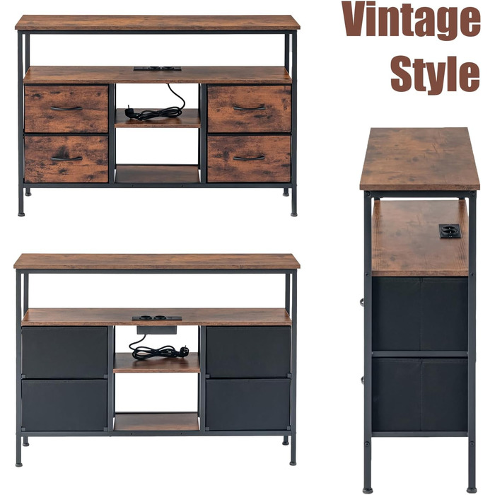 Вінтажна шафа для вітальні з LED-підсвічуванням, комод у стилі вінтаж з 4 висувними ящиками, 110x30x78 см, 2 USB та 2 AC роз'єми, дерев'яний комод для вітальні/кухні