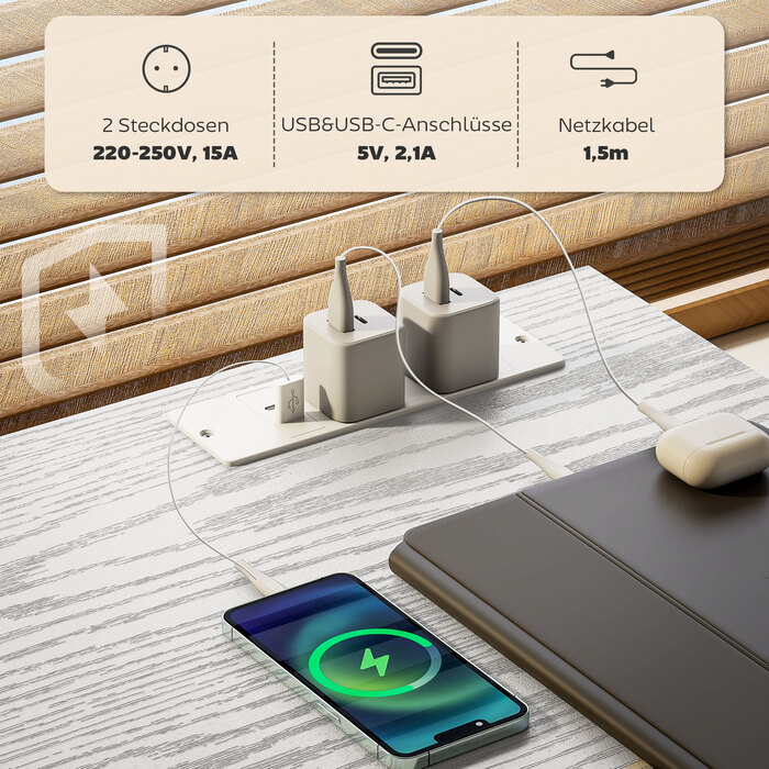 Стіл-парта з 2 USB-портами для зарядки, 2 розетками, регульованими полицями, 3 тканинними ящиками, розміром 120x40x76 см, білий