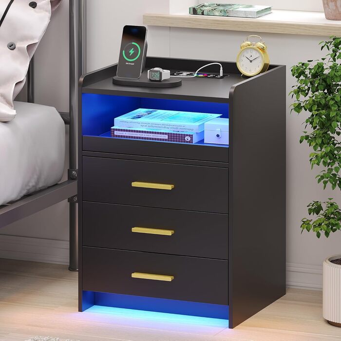 Нічний столик FREDEES з LED-підсвічуванням, ящиком, зарядкою та датчиком руху, сірий (2), чорний