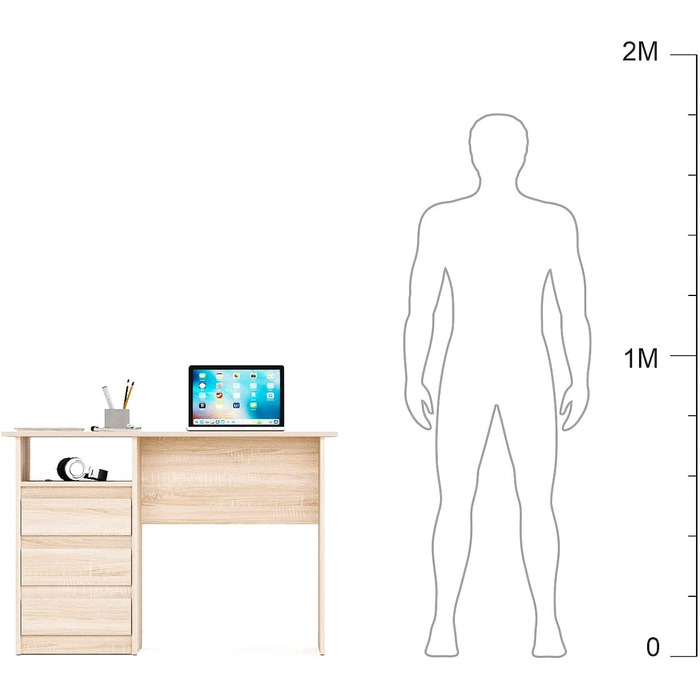Письмовий стіл KOMTO з шухлядами - Офісний стіл, Комп'ютерний стіл, Маленький робочий стіл, Стіл для офісного ПК, Дитячий стіл з місцем для зберігання Письмовий стіл Сонома Дуб Білий Осло 110 x 50 x 74 см (Без ручок, дуб Сонома)