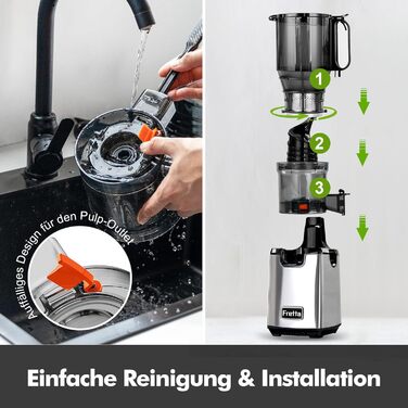 Фреш-прес Fretta Slow Juicer: повільний соковитискач з нержавіючої сталі, 135 мм, 1.8 л, з функцією реверсу, BPA Free, 250W сірий