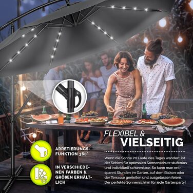 Садова парасолька Tillvex Alu 300 см з LED-підсвіткою, сонячною панеллю, ручкою та стійкою, антрацит — водонепроникна парасолька від сонця з захистом від UV та вітру