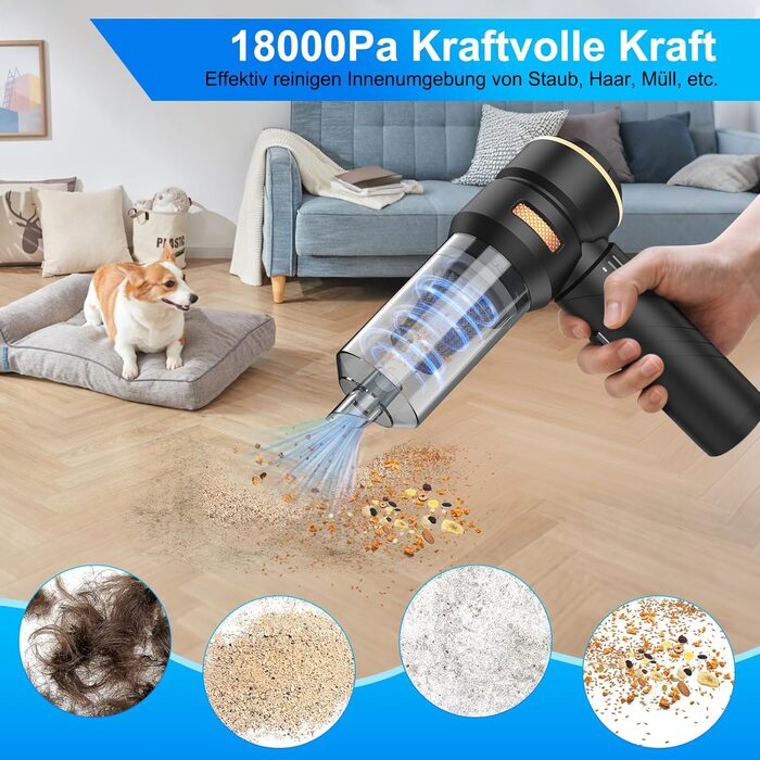 Бездротовий ручний автомобільний пилосос 4 в 1, потужність 18000Па, безщітковий двигун 200000 об/хв, 3 рівні всмоктування для авто, дому та шерсті тварин, сріблясто-чорний