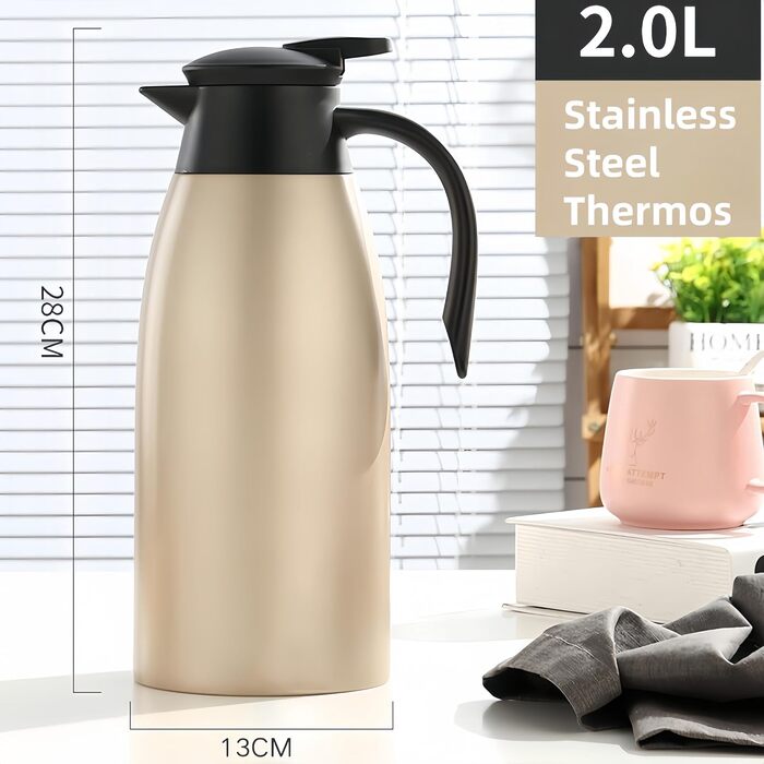 Термос-термокана 2л з нержавіючої сталі, двостінна вакуумна ізоляція, рожеве золото. Для кави, чаю та інших напоїв. Зберегає тепло/холод до 24 годин.