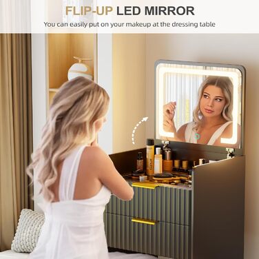 Трюмо Lvifur з LED-дзеркалом та 3 шухлядами, кутовий, для спальні, квартири, гуртожитку, білий (чорний)