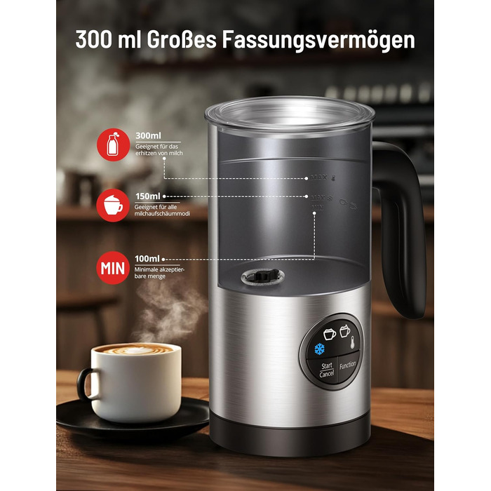 Електричний спінювач молока PARIS RHÔNE 4-в-1, 300 мл, індукція, антипригарне покриття, бездротовий, срібний