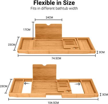 Підставка для ванни ADOV з бамбука, розширювана, з місцем для телефону, книги, напоїв та свічки. Підходить для більшості ванн