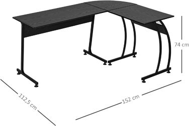 Комп'ютерний стіл HOMCOM L-подібної форми Кутовий письмовий стіл Робочий стіл Мінімалістичний ДСП Металева компактна ігрова ПК Робоча станція для домашнього офісу Чорний 112,5 x 152 x 74 см
