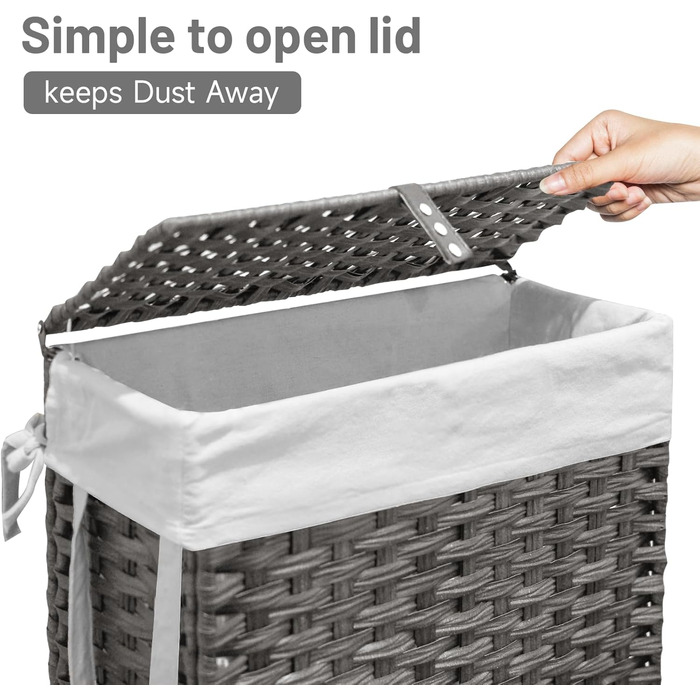 Кошик для білизни 70L з кришкою та колесами, коричневий. 2 мішки для білизни та 3 сітчасті мішки. Складний, ручної роботи, з ротангу.