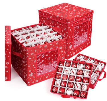 Коробка для зберігання новорічних прикрас з 166 відділеннями, 31x31x30 см, червона, з сніжинками