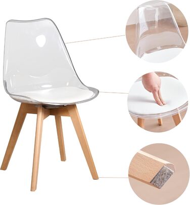 Набір з 6 сучасних стільців для їдальні, кухонних стільців з м'яким сидінням та буковими ніжками для спальні, вітальні, їдальні, кухні – (прозора + біла підкладка з PU шкіри, набір з 6 шт.)