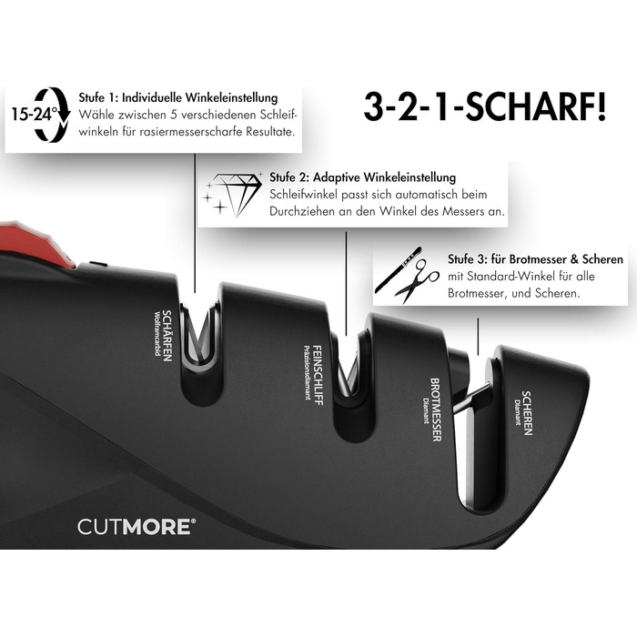 CUTMORE® Точилка для ножів Diamant - Оригінальна 5-в-1 для хлібних ножів, ножиць та ножів – Професійний прецизійний кут – Нековзна, проста, ефективна – Відома у спільноті Hobbykoch (ProSharp)