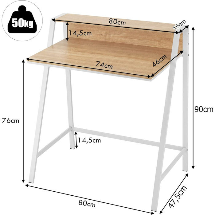 Письмовий стіл LIFEZEAL, Комп'ютерний стіл з 2 полицями, Столик для ноутбука з підставкою, Офісний стіл з А-подібним металевим каркасом, Стіл для ПК з великою стільницею, 80x47,5x90см (натуральний)