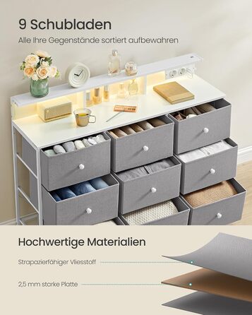 SONGMICS Комод з 9 висувними ящиками та LED-підсвічуванням, з розеткою, сталевий каркас, 33,5 x 114 x 84 см, для спальні/вітальні (Таунгrau)