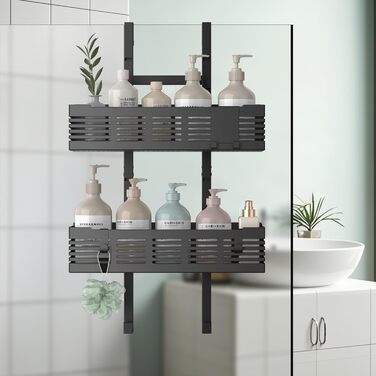 Настінна поличка для душу без свердління, чорна, для скляних душових кабін, регульована висота, 3 гачки для шампуню та гелю для душу