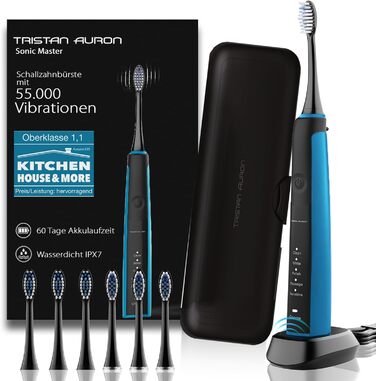 Електрична зубна щітка Tristan Auron SonicMaster (Блакитна) - 6 голів + чохол - 5 режимів, 55000 VPM, таймер 2 хв, 100 днів гарантії