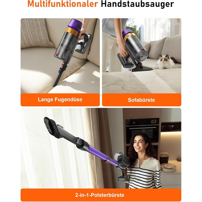 Акумуляторний пилосос бездротовий для шерсті тварин, 1.8л з дисплеєм, 55000Па/620Вт/75хв, вертикальний з анти-заплутувальною щіткою та док-станцією для килимів/твердих підлог/авто, фіолетовий