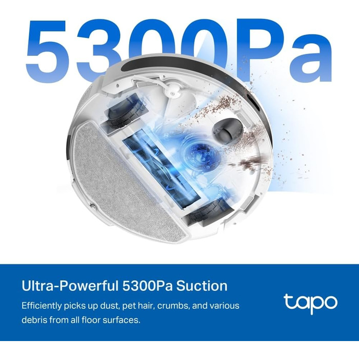 Робот-пилосос Tapo RV20 Max з функцією миття, 5300Pa, LiDAR-навігація, сумісний з Alexa & Google Assistant, білий
