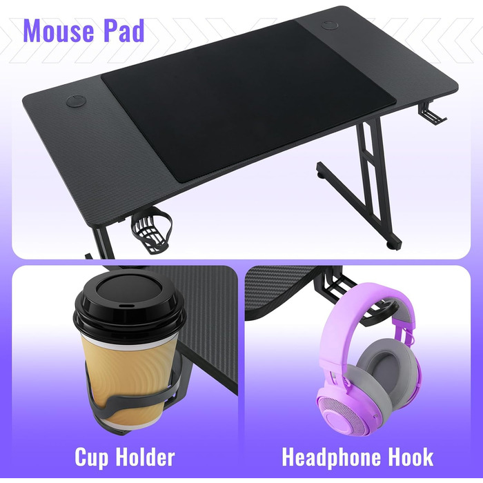 Ігровий стіл Kidsgigglz з LED-підсвічуванням, 120 x 60 см: ергономічний стіл для дому, офісу, кутовий комп'ютерний стіл з тримачем для напоїв та гачком для навушників (140 x 160 см - Z-подібна рама)