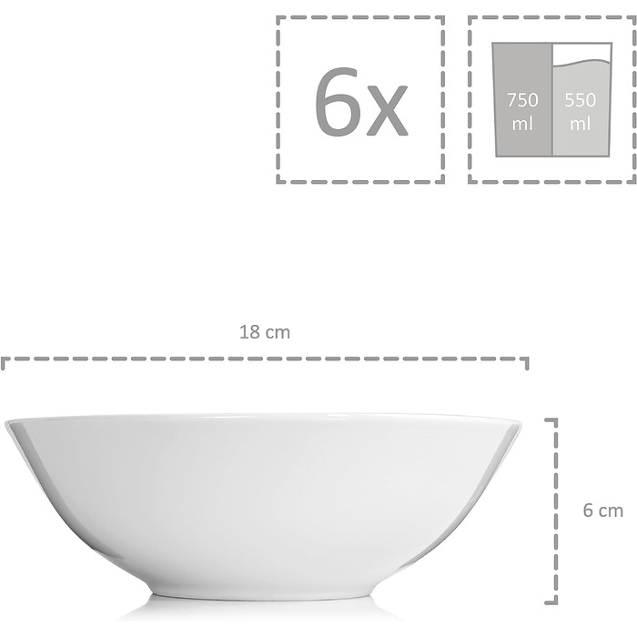 Співачка Порцелянова миска, Миска для закусок із 6 предметів, Набір чаш 6 осіб, Можна мити в посудомийній машині, Рамен Боул, Боули, Смузі-боул, Суші-боул, Білий 550 мл 550 мл великий