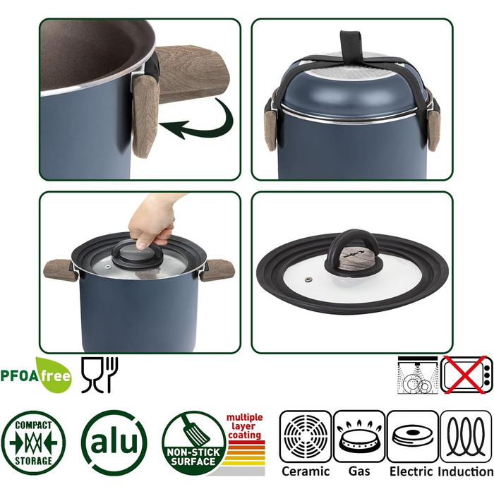 Набір посуду для кемпінгу BRUNNER Camping HOHES: каструлі та сковорідки з алюмінію (Ø 18, 20, 22 см), TORRALTA Vakublock, 2-4 особи, з покриттям, легкий, високоякісний, стікельний. 5+1-тильний набір