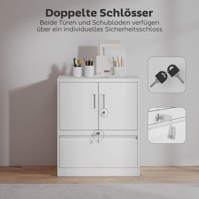 Шафа для документів, офісна шафа, замикаюча багатоцільова шафа зі сталі з 2 дверцятами, регульованими полицями, біла