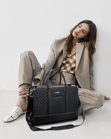 LOVEVOOK Сумка для ноутбука 15.6 дюймів, водонепроникна, для жінок, чорна, велика, ділова, шкіряна, для роботи, навчання, офісу, універсітету