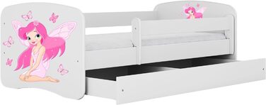 Дитяче ліжко Bjird Молодіжне ліжко 70x140 80x160 80x180 біле із захистом від випадання Матрац Шухляда та рейкова основа Дитячі ліжка для дівчаток та хлопчиків - Фея з метеликами 160 см