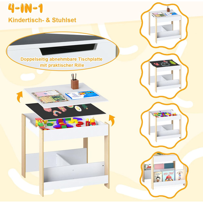 Детский стол со стульями COSTWAY 3 в 1, деревянная мебель для детей от 3 лет с откидной столешницей, полкой и ящиками