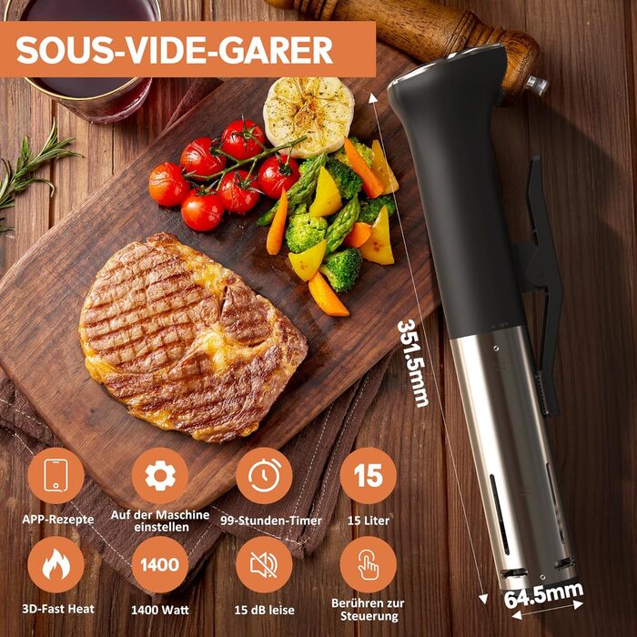 Су-від кухонний прилад Karinear | Су-від стік | APP-керування, Wi-Fi 2.4G | 1400W | 10-90°C, 1-99 хв. | 360° циркуляція