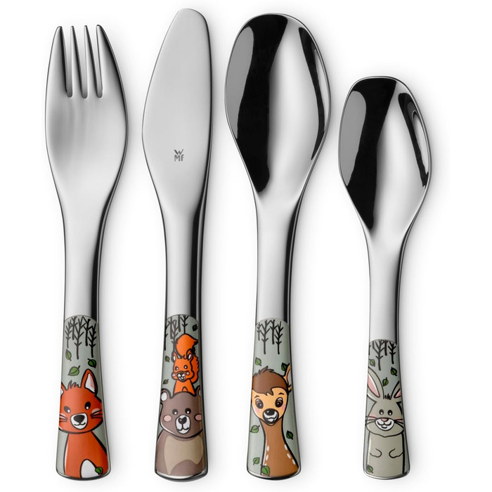 Набір дитячого столового прибору WMF Waldfreunde, нержавіюча сталь, 4 шт., для дітей від 3 років, Cromargan, придатний для миття в посудомийній машині