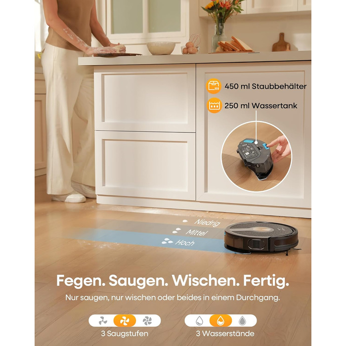 Робот-пилосос з функцією миття 5000Pa, 3-в-1 з часом роботи 180 хвилин, для прибирання шерсті тварин та килимів, з керуванням через додаток, чорний