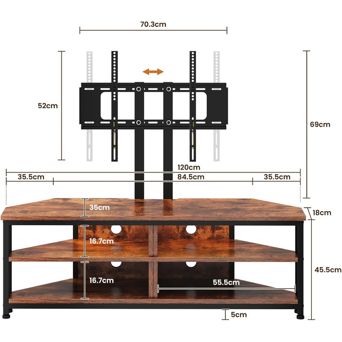 Тужба з полицями та кріпленням для телевізора Dripex кутова низька 120 см з LED підсвіткою