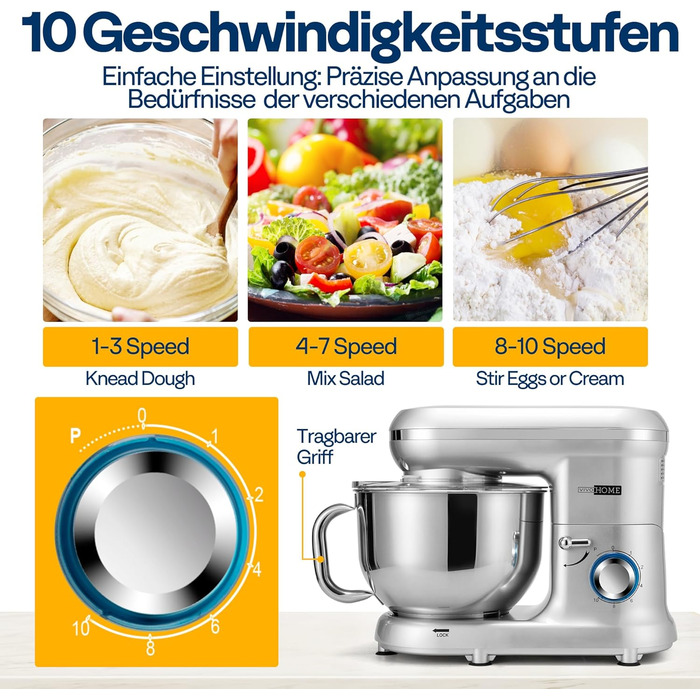 Кухонна машина VIVOHOME 5.7L з місткістю 5.7 літрів, потужністю 660W, 10 швидкостей, функцією імпульсу, для замішування тіста, з бризковим захистом, містить гак для тіста, вінчик та роздільник яєць (срібна)