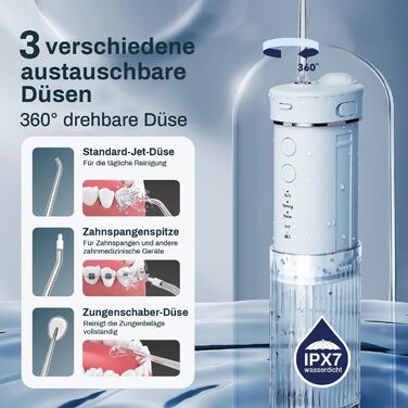 Портативний електричний іригатор для порожнини рота JTF Munddusche Mini, бездротовий, для подорожей, з 5 насадок, 4 режими, 230 мл, водонепроникний (IPX7, блакитний)