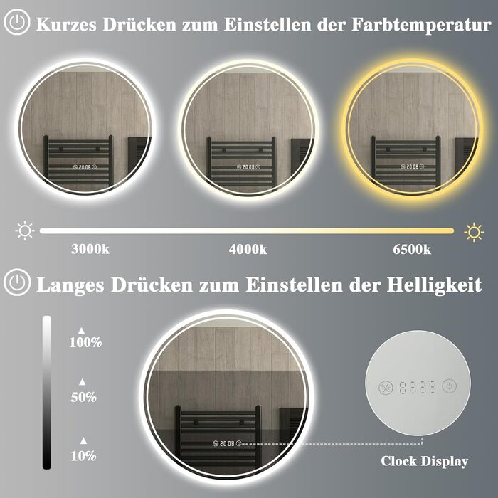 LED дзеркало для ванної кімнати з підсвічуванням 40x60 см - проти запотівання, 3 кольори, регулювання яскравості, подвійний сенсорний вимикач, пам'ять вимкнення, для ванної/туалету - горизонтальний/вертикальний монтаж
