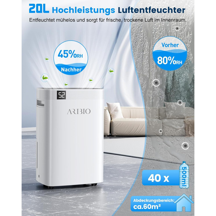 Електричний осушувач повітря 20л/день, високої продуктивності, з функцією сушіння білизни, таймером та системою відтавання, для приміщень до 200 м³/60 м², підходить для квартир, ванних кімнат, підвалів, гарантія 10 років