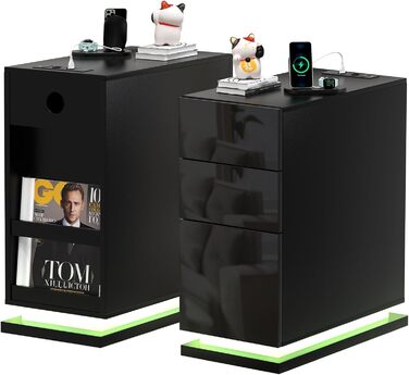 Вузька тумба приліжкова Lvhecforhm з LED-підсвіткою, чорна, з розеткою та USB, 16 режимів підсвітки, глянцева, 50x30x63 см