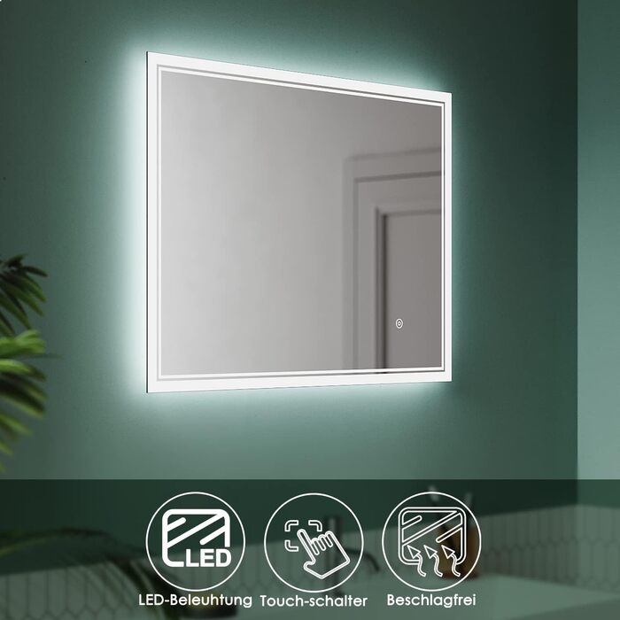 Дзеркало для ванної кімнати Badspiegel 80x60 з підсвічуванням та антизапарюванням LED, 3 колірні температури, IP44, настінне