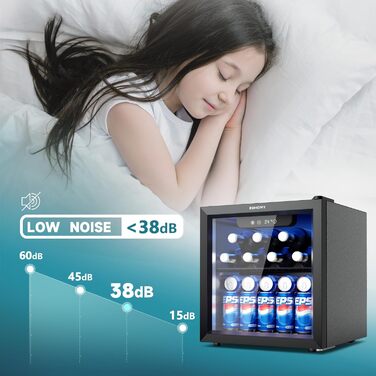 Міні-холодильник EUHOMY для напоїв на 55 банок з скляною дверцятами, чорний. Ідеально для офісу, кімнати, бару. Об'єм 36L, рівень шуму 43dB, LED-підсвітка.