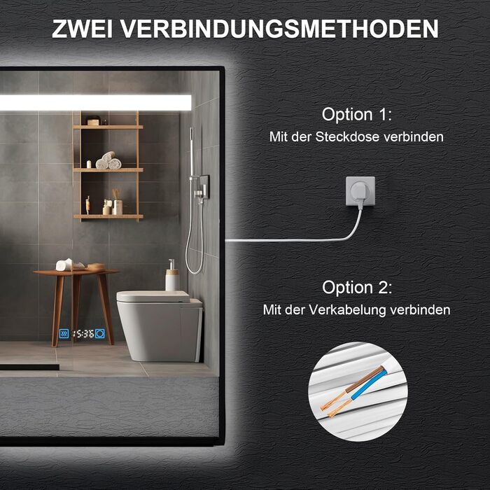 Дзеркало для ванної кімнати YU YUSING 80x60 см з підсвічуванням LED, 3 кольори світла, регулювання яскравості, антизапарник, сенсорне управління, таймер, загартоване скло, IP44 (чорний з полицею)