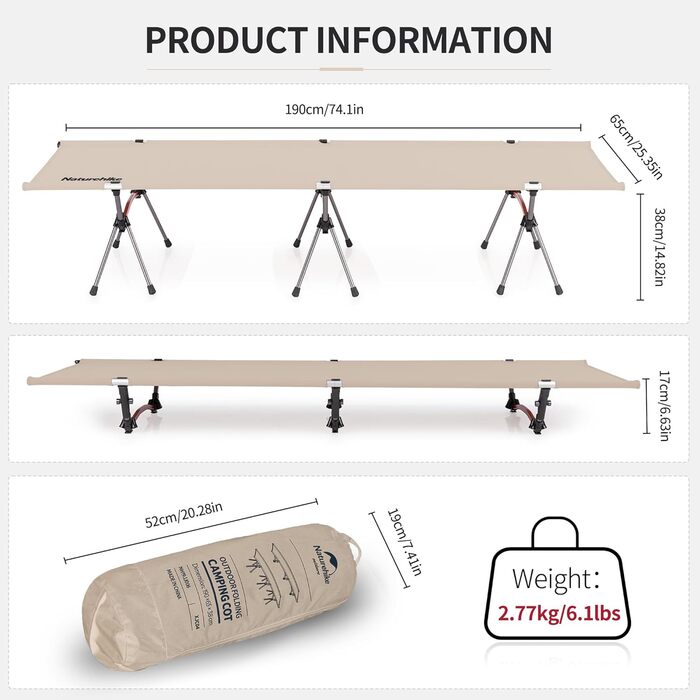 Польове ліжко Naturehike Ultralight: складане кемпінгове ліжко, витримує до 150 кг, регульована висота, бежеве
